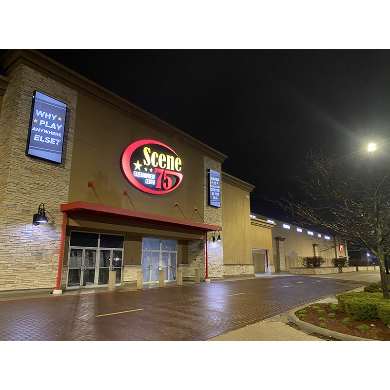 Scene 75 Romeoville, IL - Exterior entry, doors, lighting and sign.